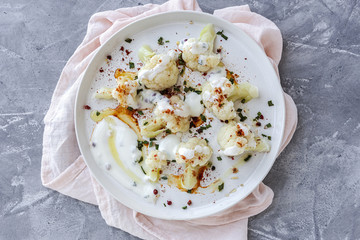 Cauliflower salad with spices and olive oil from above