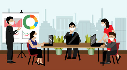 Businessman and woman meeting in modern office,wearing face mask,keep distance to protect from COVID-19 coronavirus. Idea for social distancing in business new normal life during COVID-19 pandemic