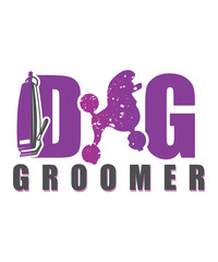 Dog groomer graphic in purple text with a poodle dog and clippers in a white background.  Great for pet grooming concepts.