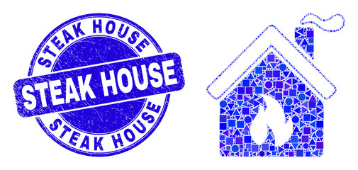 Geometric kitchen building mosaic icon and Steak House seal stamp. Blue vector rounded scratched seal stamp with Steak House phrase. Abstract collage of kitchen building made of sphere, tringle,