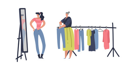 Flea market. Woman shopping stuff and second clothes at street shop, vector clothing bazaar flat illustration
