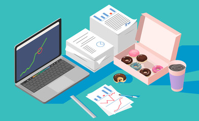 vector,Office break and resting after solving task with Doughnut box and coffee cup,