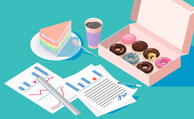 vector,Office break and resting after solving task with Doughnut box crape cake and coffee cup,