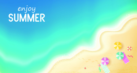 Top view summer with water play equipment placed on the beach. beach background with swim ring, sandals, umbrellas, balls, starfish and sea. vector illustration.