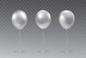 Balloon set isolated on transparent background. Vector translucent white or silver festive 3d helium ballons. Anniversary, birthday party elements design