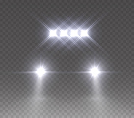 Lights led off road effect front view. Realistic white glow headlights isolated on transparent background. Vector bright car beams for race design.