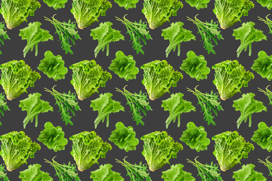 Seamless pattern of fresh salad leaves on grey background