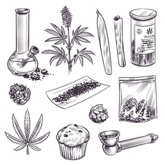 Sketch cannabis. Cosmetic and medical plant marijuana leaves, weed joint and bong. Cbd oil, vintage engraving hand drawn ganja vector set