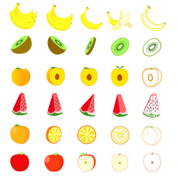 Flat fruits isolated. Food icon set on white background. Fresh natural kivi,orange,apple,watermelon,banana,peache.