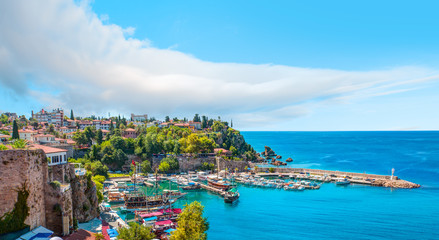 Fototapeta premium Panoramic view of Old Town port with Mediterrranean Sea -Antalya, Turkey
