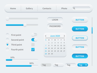 White interface elements. Universal ui template for mobile applications and web sites. Tools, buttons and responsive design vector set