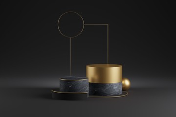 3d gold product showcase mockup with marble decoration.