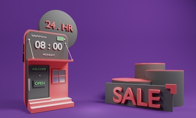 3d shopping online application on purple background with sale podium