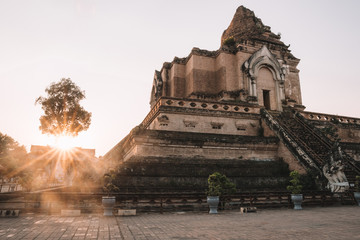 Ancient Buddhist temple at sunset in Chiang Mai, Thailand 