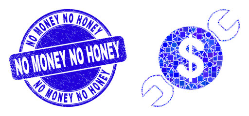 Geometric wrench repair price mosaic icon and No Money No Honey seal stamp. Blue vector round textured seal stamp with No Money No Honey title. Abstract concept of wrench repair price done of round,