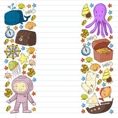 Vector set with underwater diving icons and pirate elements. Treasure chest, ship, octopus, diver. Little boys and kingergarten preschool girls summer vacation and adnventure