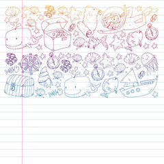 Vector set with underwater diving icons and pirate elements. Treasure chest, ship, octopus, diver. Little boys and kingergarten preschool girls summer vacation and adnventure