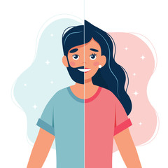 Gender identity concept. Gender transition. Person with half woman and half man face. Vector illustration in flat style