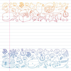 Vector set with underwater diving icons and pirate elements. Treasure chest, ship, octopus, diver. Little boys and kingergarten preschool girls summer vacation and adnventure