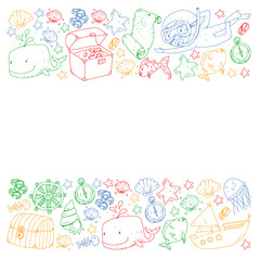 Vector set with underwater diving icons and pirate elements. Treasure chest, ship, octopus, diver. Little boys and kingergarten preschool girls summer vacation and adnventure