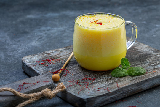 Saffron latte with almond milk.