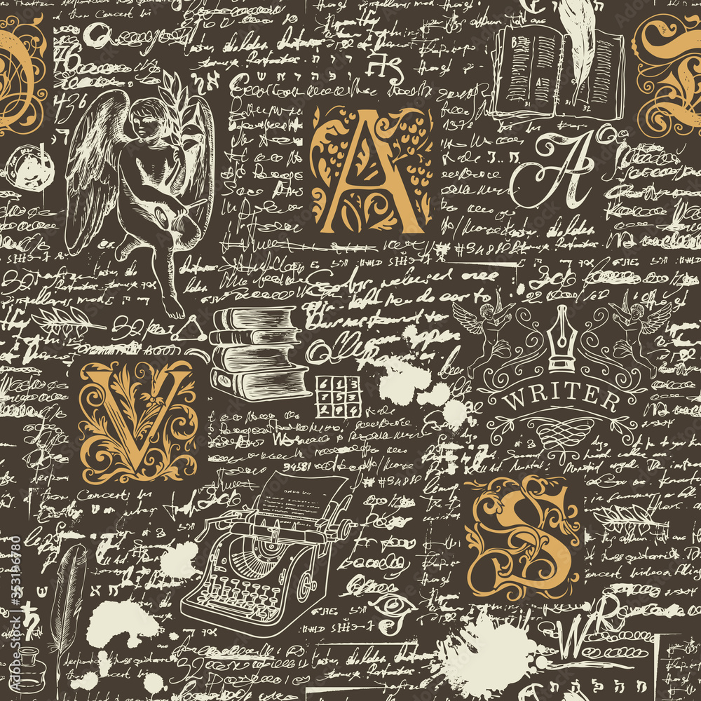 Poster vector seamless pattern on a writers theme. abstract background with unreadable handwritten notes, i