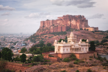 Tourist landmarks of Jodhpur - Jaswanth Thada mausoleum and Mehrangarh fort, Jodhpur, Rajasthan, India