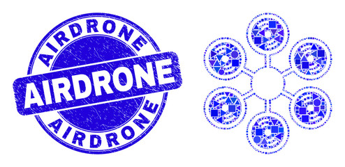 Geometric hexacopter mosaic icon and Airdrone seal. Blue vector rounded textured seal stamp with Airdrone title. Abstract mosaic of hexacopter created of sphere, triangles, square geometric items.