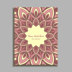 Pink and yellow color Invitation Card with  mandala ornament. Card template for Wedding invitation or Birthday greeting card. Vector illustration