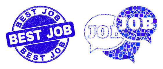 Geometric job forum messages mosaic icon and Best Job seal stamp. Blue vector rounded grunge seal stamp with Best Job message. Abstract mosaic of job forum messages constructed of circle, tringle,