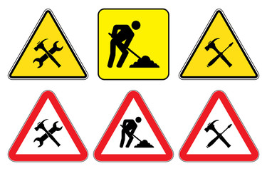 Under construction sign collection. Under Construction Triangle Signs on yellow background and Under construction signs as triangle shape with red border