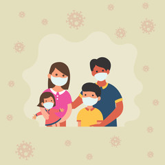 the family wore face masks to avoid the corona virus. flat design illustration. can be used for design elements, Web Landing Pages, Banners, Flyers, Stickers, Posters, and other needs.