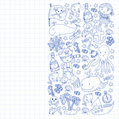 Pirate party. Illustrations for little children. Kids birthday celebration with treasure island, octopus, pirates