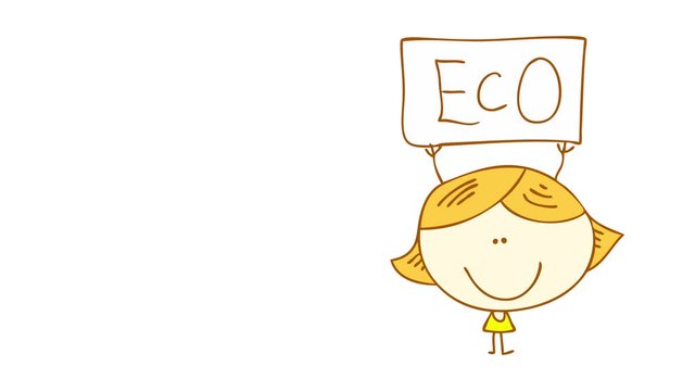 short girl holding up an eco sign with her tiny arms suggesting she is strong in spite of her height due to great eating habits exercise