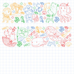 Pirate party. Illustrations for little children. Kids birthday celebration with treasure island, octopus, pirates