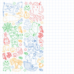 Pirate party. Illustrations for little children. Kids birthday celebration with treasure island, octopus, pirates