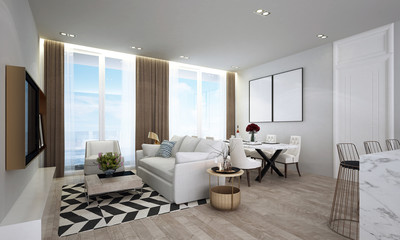Fototapeta na wymiar Modern luxury living room and dining space interior design 