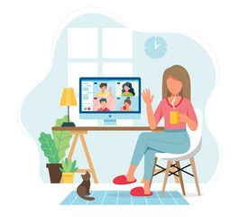 Online meeting via group call. Woman talking to friends in video conference. Vector illustration in flat style