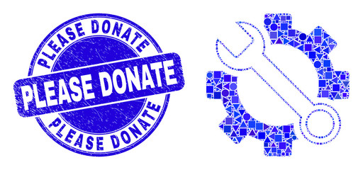 Geometric wrench tools mosaic icon and Please Donate seal. Blue vector rounded distress seal stamp with Please Donate message. Abstract mosaic of wrench tools composed of sphere, tringle,