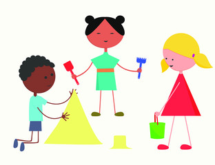 Different children play in the sandbox. Vector isolated image on a white background in a flat style. Concept of friendship of children of different nationalities