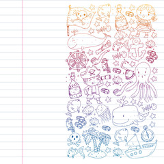 Pirate party. Illustrations for little children. Kids birthday celebration with treasure island, octopus, pirates