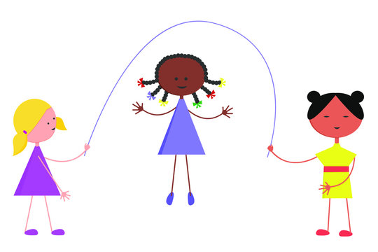 Different children jump rope. Vector isolated image on a white background. Concept of friendship of children of different racial groups . Flat style