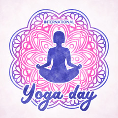 Fototapeta na wymiar International Yoga day poster. Vector greeting card with girl silhouette in meditation and mandala pattern with watercolor texture. Spiritual health practice. Meditating woman in lotos pose