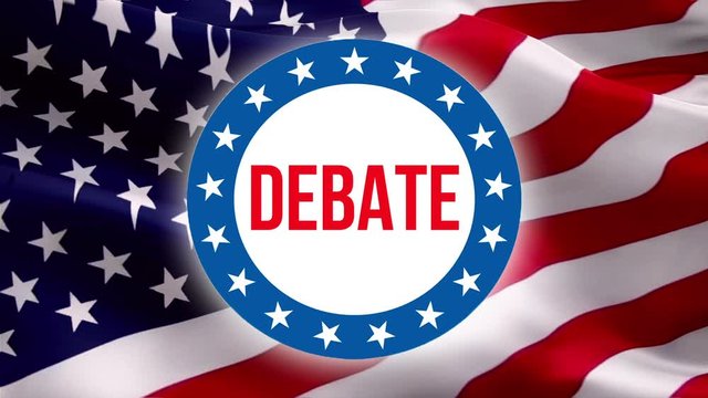 Debate text on United States flag background. American Flag 4th of july Background for United States elections. Voting, election, Freedom Democracy, Vote concept. US Presidential election.USA Flag
