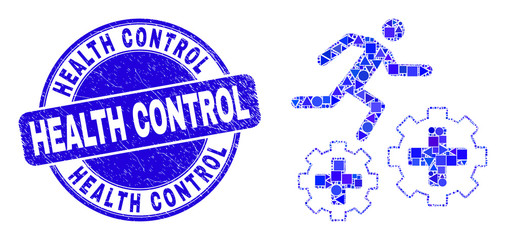 Geometric running patient on gears mosaic icon and Health Control seal stamp. Blue vector rounded scratched seal stamp with Health Control text.