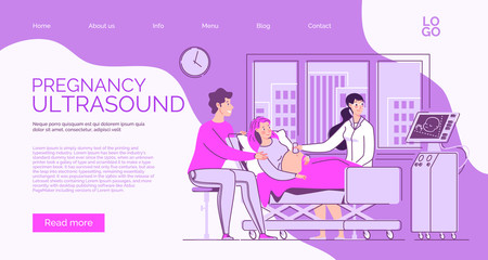Website banner about the health of mother and child in the perinatal period. Pregnant wife and husband at the consultation of the doctor of ultrasound diagnosis. Ultrasound of the fetus. 