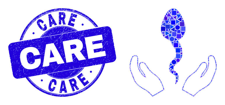 Geometric sperm care hands mosaic icon and Care watermark. Blue vector rounded distress watermark with Care message. Abstract mosaic of sperm care hands combined of circle, tringle,