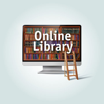Online library banner, poster, advertising design concept. Monitor screen, library bookshelf and stairs. Editable EPS vector
