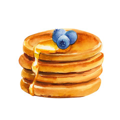 Pancakes with honey and berries, fast food on an isolated white background, watercolor illustration