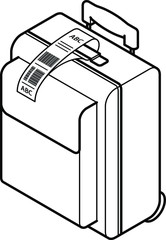 Line drawing of a soft roller bag with a pull-up handle and a checked baggage tag.